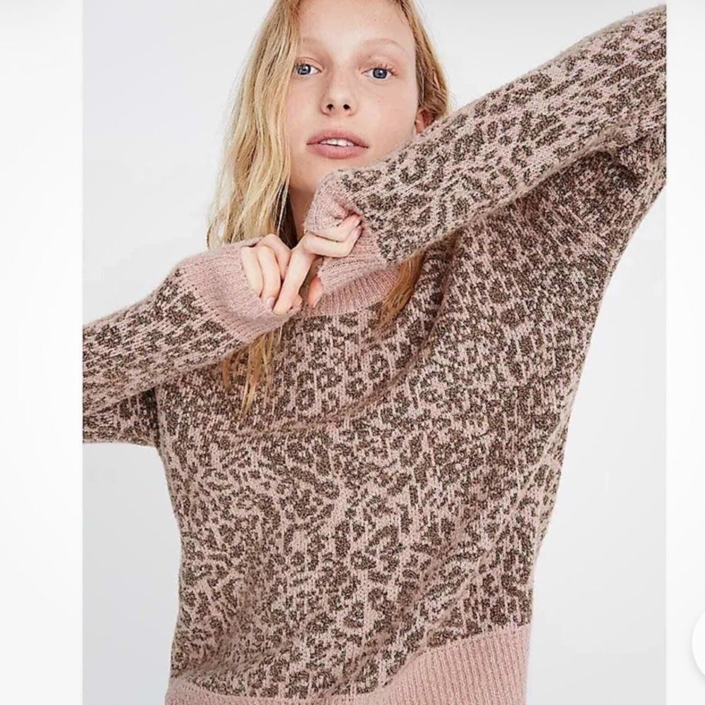 Madewell Shrunken Pullover Sweater in Leopard Pink Brown Cozy Winter wool XS